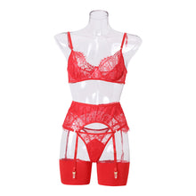 Load image into Gallery viewer, 4 Pieces Women Sexy Lingerie Eyelash Lace Mesh Underwear Perspective Bra and Panty Set Garters Sensual Erotic Temptation Set