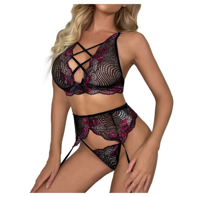 40# Lace Floral Print Lingerie Underwear Set Sexy Women's Underwear Bra Set Bra And Panty Set Garter Open Night Lingerie