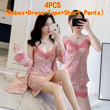 Load image into Gallery viewer, 4PCS Silk Satin Sexy Lace Lingerie Nightgowns Robes Sets For Women Summer Leopard Bathrobe Sleepwear Suit Nightdress Night Dress