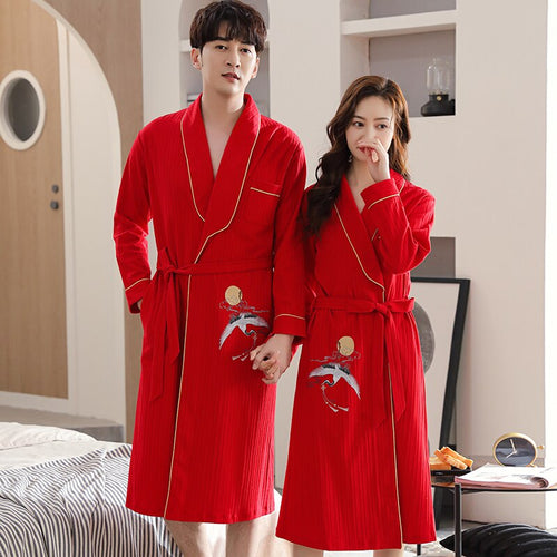 4XL Autumn Bathrobe Couples Cotton Kimono Wedding Festive Red Robes For Male Soild Long Bath Robe Bride Robe Dressing Gown