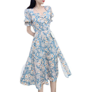 4XL Oil Painting Noble Temperament Floral Skirt Female 2021 Summer New Small Daisy Split Dress Mid-length Dress