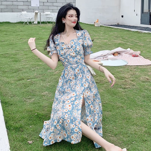 4XL Oil Painting Noble Temperament Floral Skirt Female 2021 Summer New Small Daisy Split Dress Mid-length Dress