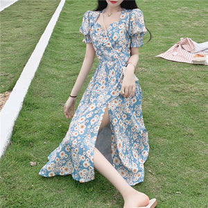 4XL Oil Painting Noble Temperament Floral Skirt Female 2021 Summer New Small Daisy Split Dress Mid-length Dress