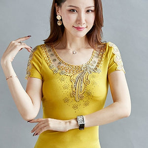 4XL Plus Size Women's shirt Fashion Short Sleeve Summer Tops Elegant Slim Embroidered Diamond T-Shirt Lady Tees Blusas