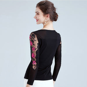 4XL Plus size women tops New 2020 Spring Long sleeve embroidered Mesh shirt Elegnat Slim women blouse shirt