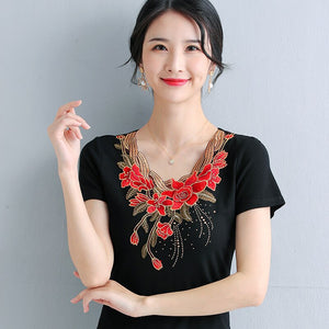 4XL Women T-Shirt Fashion Embroidered Middle-aged Women's Tops Korean Short-sleeved Cotton T-shirt plus size Women shirt