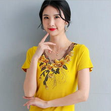 Load image into Gallery viewer, 4XL Women T-Shirt Fashion Embroidered Middle-aged Women&#39;s Tops Korean Short-sleeved Cotton T-shirt plus size Women shirt