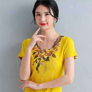 4XL Women T-Shirt Fashion Embroidered Middle-aged Women's Tops Korean Short-sleeved Cotton T-shirt plus size Women shirt