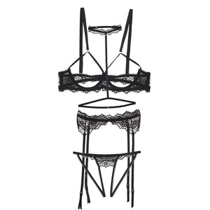 4pcs Bra Set Sexy Lace Open Bra Crotchless Panty Garter Halter Women Lingerie Set Exquisite Bra+Garter+Briefs Set Dropship