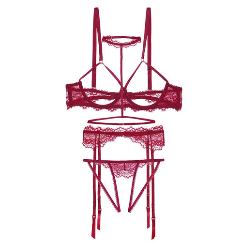 4pcs Bra Set Sexy Lace Open Bra Crotchless Panty Garter Halter Women Lingerie Set Exquisite Bra+Garter+Briefs Set Dropship