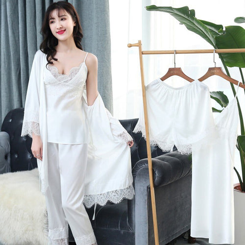 5 Piece Lace Homewear Suit Pajama Set Pink Bathrobe Silk Nighties Set Sexy V-neck Women Sleepwear Nightwear Pyjamas Women Kimono