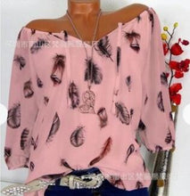 Load image into Gallery viewer, 5XL Plus Large Size Women&#39;s Blouses Summer Tops New Leisure Blouse White Loose Feather Print V Neck Half Sleeve Shirts Blusas