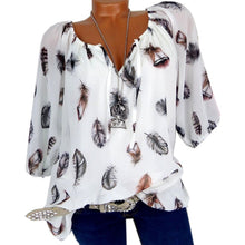 Load image into Gallery viewer, 5XL Plus Large Size Women&#39;s Blouses Summer Tops New Leisure Blouse White Loose Feather Print V Neck Half Sleeve Shirts Blusas