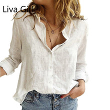 Load image into Gallery viewer, 5XL White Print Womens Shirts Plus Size Button Up Shirt Spring Cotton Linen Top Leisure Lapel Long Sleeve Loose Blouse OL Blusas