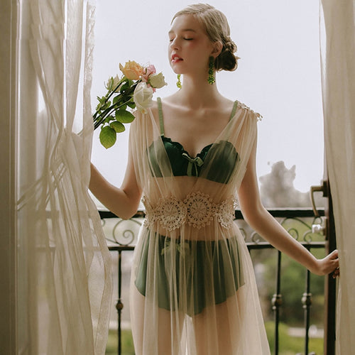 5colors High Quality Sexy Lingerie Net Gauze Lace Embroidery Sheer Long Night Dress Nightgowns Sleepshirts Women Nightwear