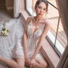 Load image into Gallery viewer, 6 Colors French-style Sexy Strap Satin Nighty Deep V-neck Short Dress Lace Underwear Womens Lingerie Nightgowns Sleepwear