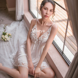 6 Colors French-style Sexy Strap Satin Nighty Deep V-neck Short Dress Lace Underwear Womens Lingerie Nightgowns Sleepwear