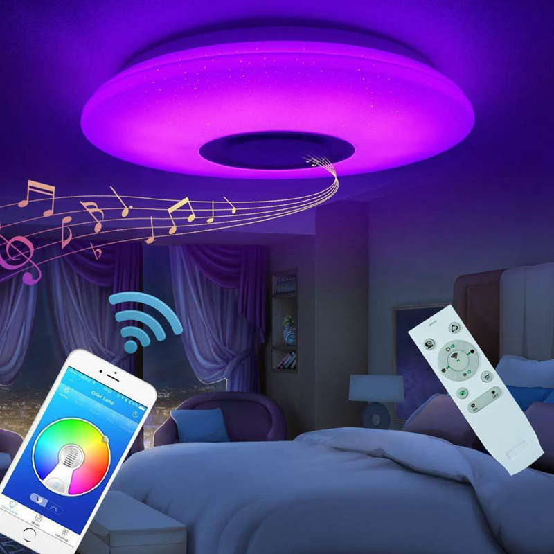 60W Rgb Flush Mount Round Starlight Music Led Ceiling Light Lamp With Bluetooth Speaker, Dimmable Color Changing Light Fixture