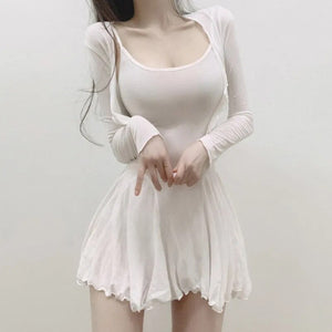 A-Line Dresses Woman Korean Fashion Spring Summer Dress Suit+Tops 2 Piece Sets Match Mini Robes Tunic Ruffle Sexy Mini Dress