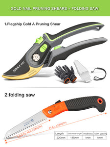 AIRAJ Pruning Shears Set Cutting 28mm Gardening Branches and Flowers Multifunctional Pruning Tool with Folding Saw and Gloves