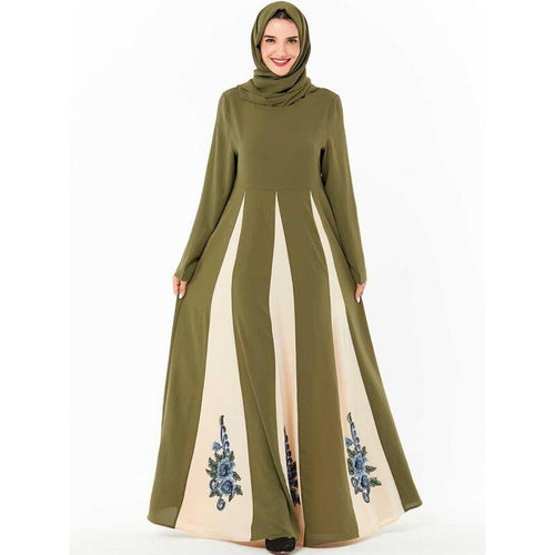 Abaya Arab Plus Size Women's Green Embroidery Stitching Contrast Color Muslim Long Skirt With Turban Muslim Dress Women