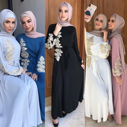 Abaya Dubai Eid Mubarak Women's Muslim Long Skirt  Nail Bead Splicing Embroidered Big Dress Middle East Dresses For Women