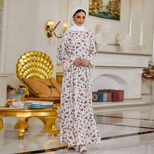 Abaya Dubai  Muslim Fashion Large Size Printed Horn Micro Long Sleeves Ankle Print Skirt Kaftan Islam Clothing For Women Robe
