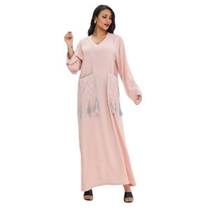 Abaya Dubai  Muslim Summer Casual Female Skirt Middle East Lady Robe Embroidery With Tassels Dress Morocco Fashion Long Shirt