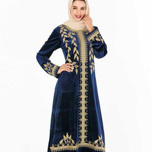 Load image into Gallery viewer, Abaya Muslim Fashion Oversized Size Women&#39;s Dark Blue Embroidered Arabic Gold Velvet Dress With Headscarf Moroccan Woman Clothes