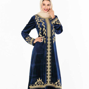 Abaya Muslim Fashion Oversized Size Women's Dark Blue Embroidered Arabic Gold Velvet Dress With Headscarf Moroccan Woman Clothes