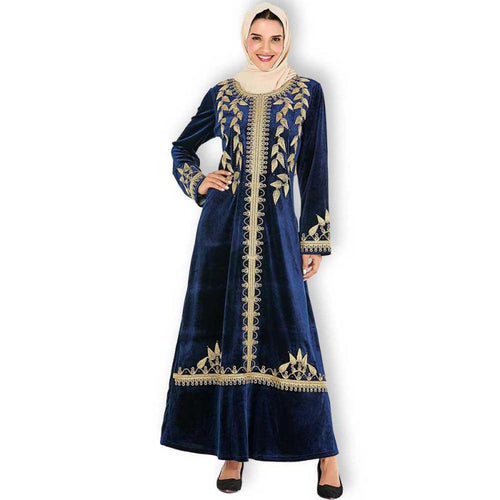 Abaya Muslim Fashion Oversized Size Women's Dark Blue Embroidered Arabic Gold Velvet Dress With Headscarf Moroccan Woman Clothes