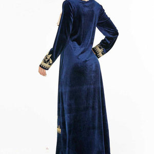 Abaya Muslim Fashion Oversized Size Women's Dark Blue Embroidered Arabic Gold Velvet Dress With Headscarf Moroccan Woman Clothes