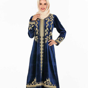 Abaya Muslim Fashion Oversized Size Women's Dark Blue Embroidered Arabic Gold Velvet Dress With Headscarf Moroccan Woman Clothes