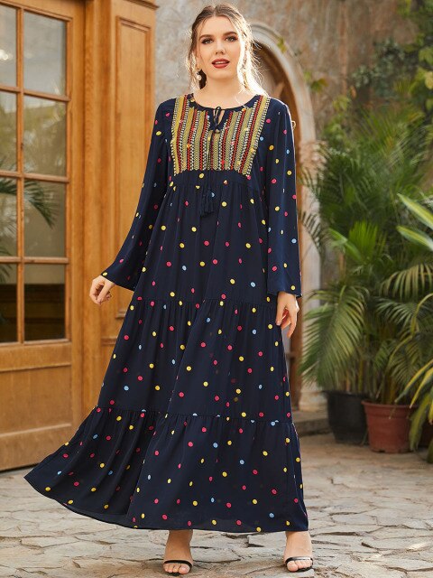 Abaya Oversized Size Women's Embroidery Long-sleeved Folds Retro Ethnic Style Polka Dot Printing Ethnic  Casual Dress Muslim