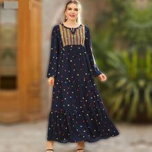 Load image into Gallery viewer, Abaya Oversized Size Women&#39;s Embroidery Long-sleeved Folds Retro Ethnic Style Polka Dot Printing Ethnic  Casual Dress Muslim