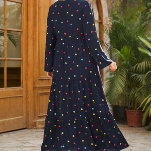 Abaya Oversized Size Women's Embroidery Long-sleeved Folds Retro Ethnic Style Polka Dot Printing Ethnic  Casual Dress Muslim