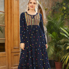 Load image into Gallery viewer, Abaya Oversized Size Women&#39;s Embroidery Long-sleeved Folds Retro Ethnic Style Polka Dot Printing Ethnic  Casual Dress Muslim