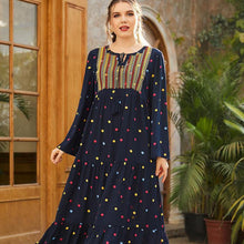 Load image into Gallery viewer, Abaya Oversized Size Women&#39;s Embroidery Long-sleeved Folds Retro Ethnic Style Polka Dot Printing Ethnic  Casual Dress Muslim