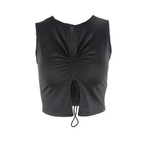 Aesthetics Drawstring Black Crop Tops Mall Goth Hollow Out Sleeveless Tank Tops Punk Style Slit Vests Streetwear