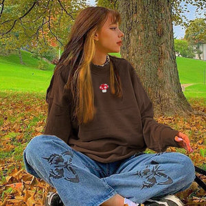 Aesthetics Mushroom Embroidery Oversized Sweatshirts Vintage Brown Crewneck Long Sleeve Top 2000s Fashion Streetwear