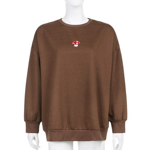Aesthetics Mushroom Embroidery Oversized Sweatshirts Vintage Brown Crewneck Long Sleeve Top 2000s Fashion Streetwear