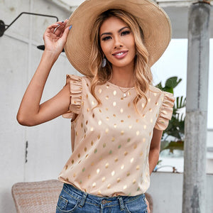 Amercia Prairie Chic Special Glossy Spot Print Crew Collar  Petal Sleeves T-Shirt Top In Apricot