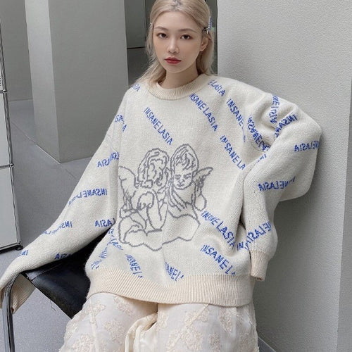 Angel Pattern Women Sweater Oversized Streetwear Retro Lazy Pullover Trendy Brand O Neck Fashion Harajuku Sweaters 2021 Winter