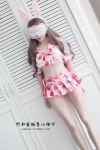 Anime Cute Sailor Dress Lolita Strawberry Printed Cosplay Costume School Girl Uniform Sexy Kawaii Lingerie Set Exotic Apparel