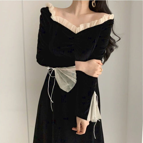 Antumn Winter Evening Party Midi Dresses Women Black Korean Fashion Elegant Vintage Dress Ruffle Long Sleeve One-piece Dress New