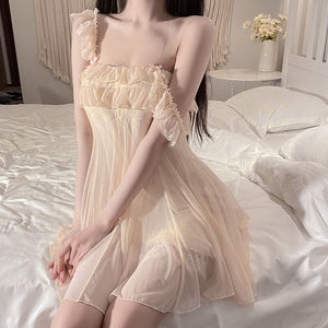 Apricot Sweet Gauze Nightdress Women Sleepwear Lace Camisole Sexy Lingerie Teen Girl Backless Nightgown Sleep Tops Summer Dress