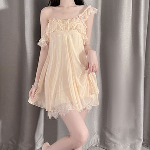 Apricot Sweet Gauze Nightdress Women Sleepwear Lace Camisole Sexy Lingerie Teen Girl Backless Nightgown Sleep Tops Summer Dress