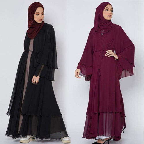 Arabian Dubai Pure Color Elegant Large Size Loose Ladies Chiffon Robe Cardigan Catan Eid Mubarak Muslim Prayer Garment Jalabiya