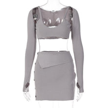 Load image into Gallery viewer, Asymmetry Hollow Out Patchwork Office Lady Suit Pure Color Camisole Vest Vest Long Sleeve T Shirt Sexy Slit Bag Hip Skirt Suit