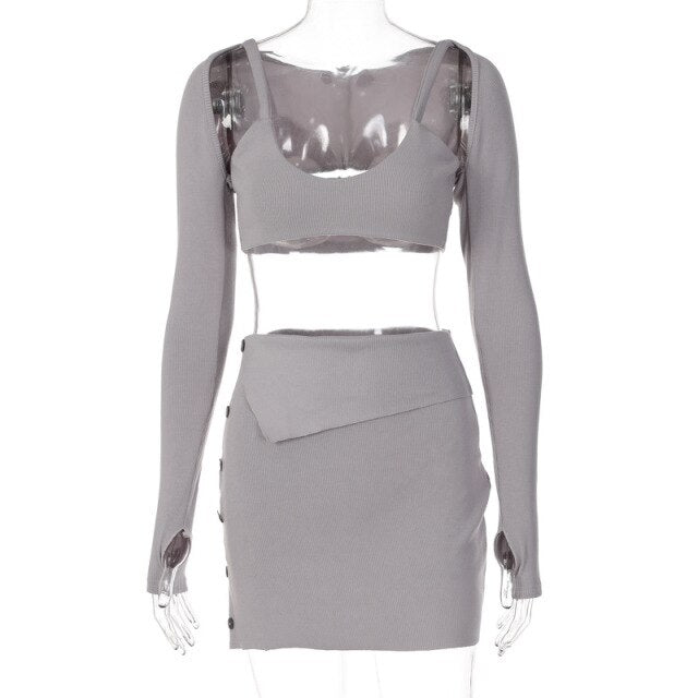 Asymmetry Hollow Out Patchwork Office Lady Suit Pure Color Camisole Vest Vest Long Sleeve T Shirt Sexy Slit Bag Hip Skirt Suit